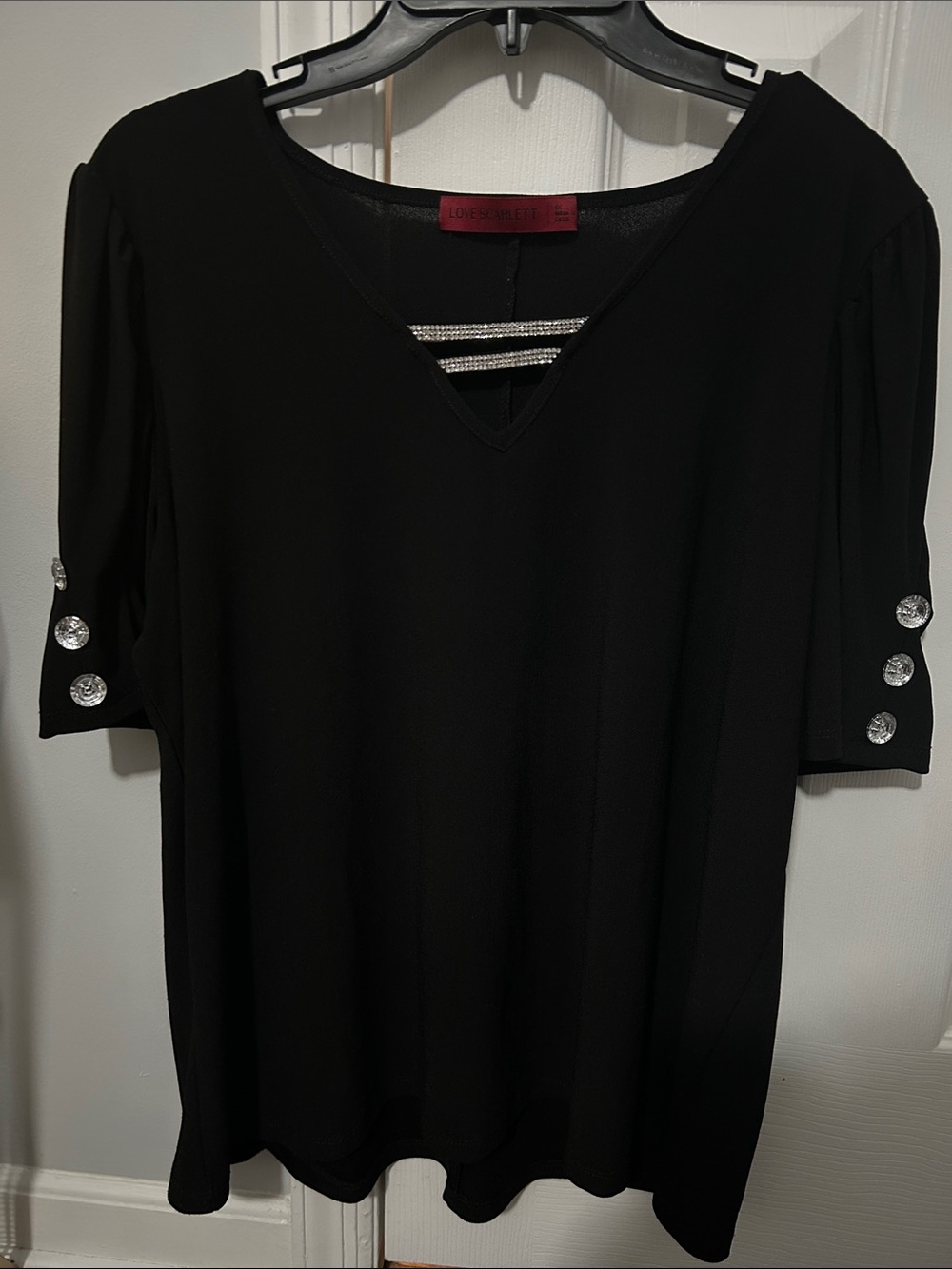 Love Scarlett Black V-Neck Blouse with Rhinestone Strap